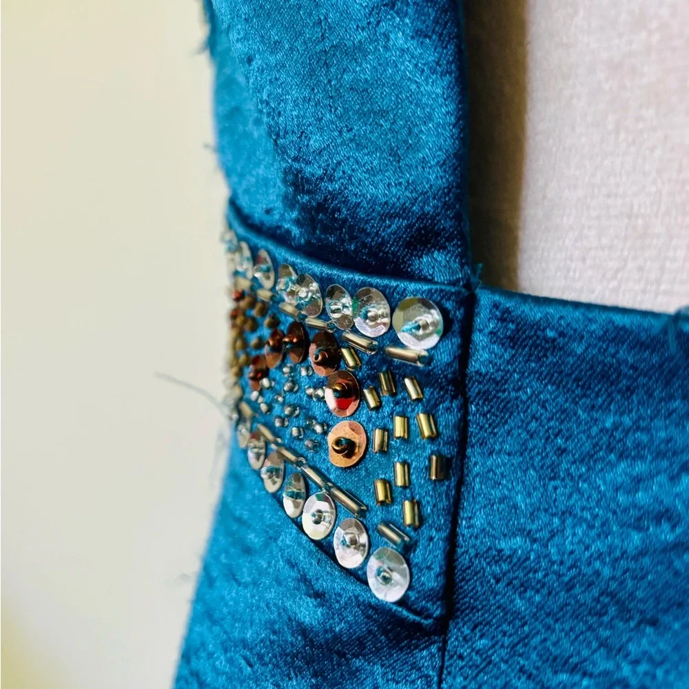NWT Morgan & Co. US 5/6 Sheath Halter Sequin Metallic Teal Beaded Mini Dress - Picture 5 of 13
